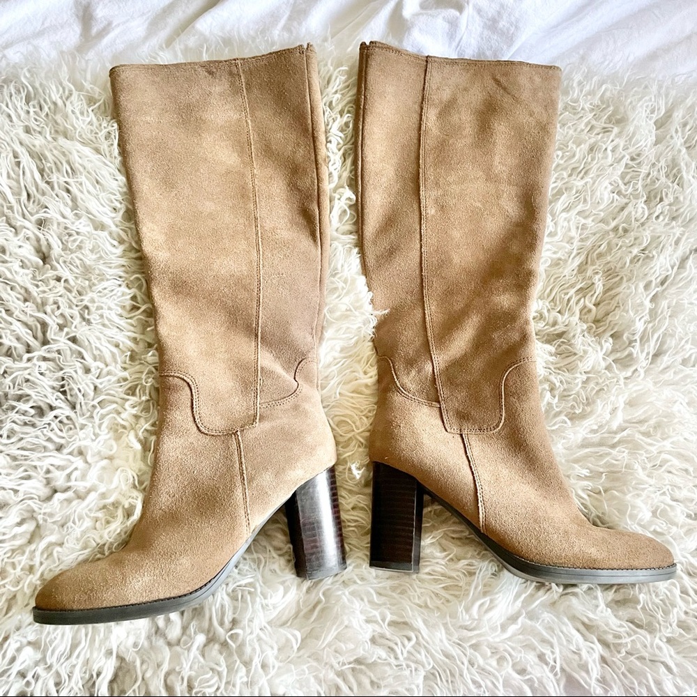 NINE WEST Women's sz 7 Light Brown Suede Leather Tall Knee High Block Heel Boots